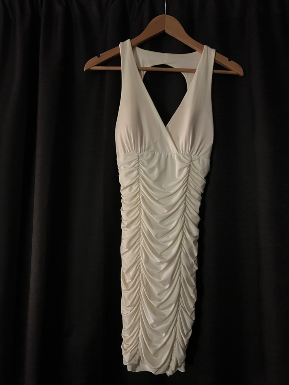 Ruched Cream V-Neck Bodycon Dress